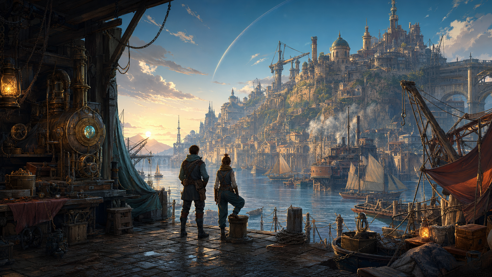 Eisenbucht title art showing a weathered industrial harbor settlement at dusk