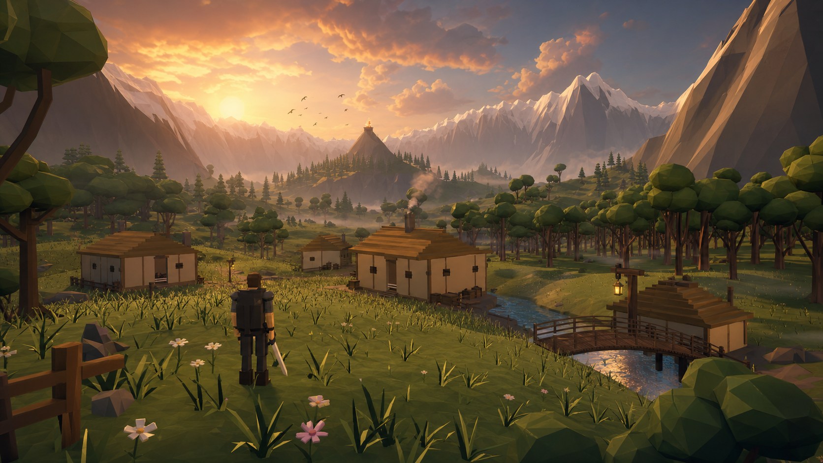 A lone armored wanderer overlooking Emberfall, a green mountain valley of wildflowers, timber homes, and a winding river at sunset