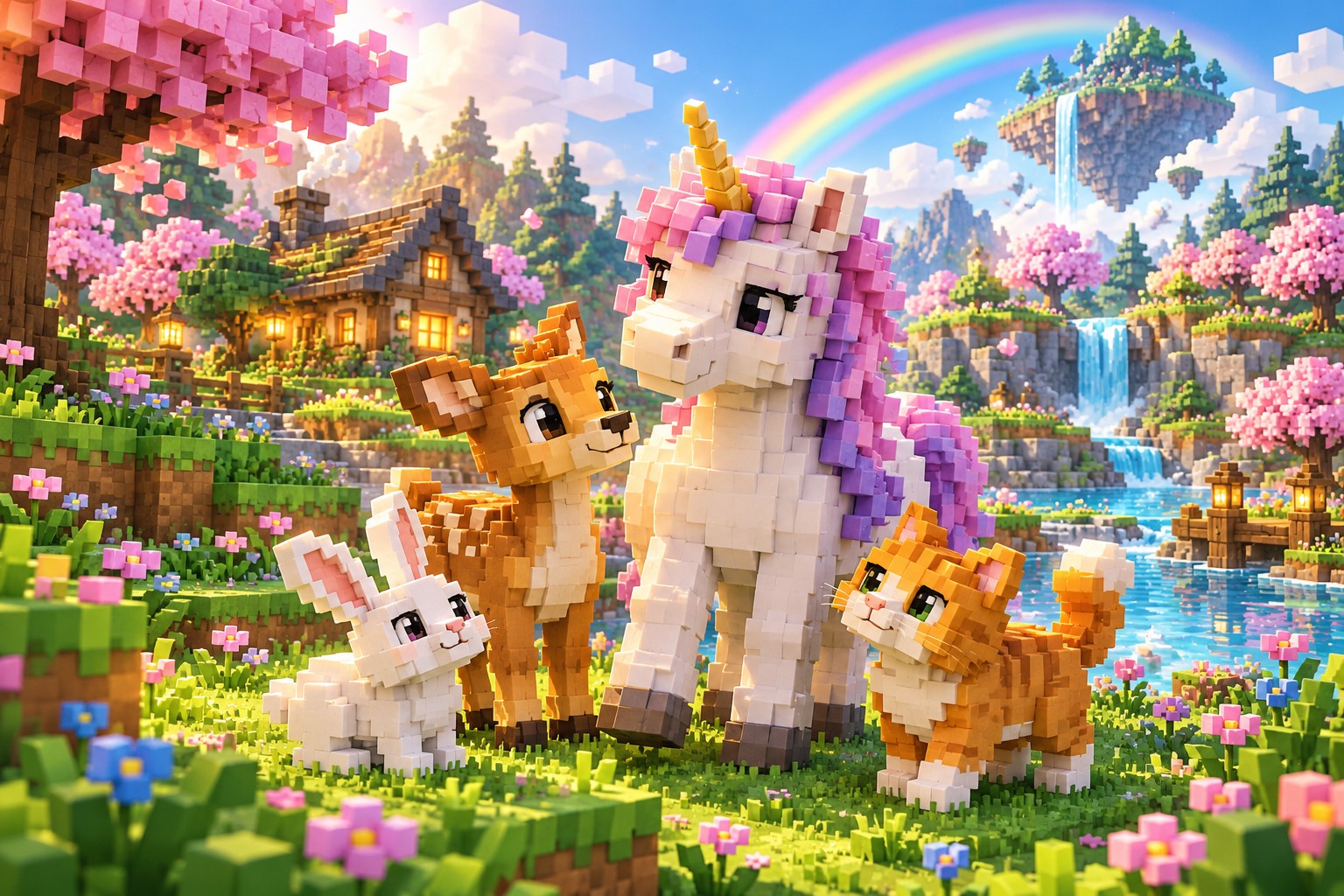 A block-built unicorn, deer, rabbit and cat in a flowering world beneath a rainbow and floating islands